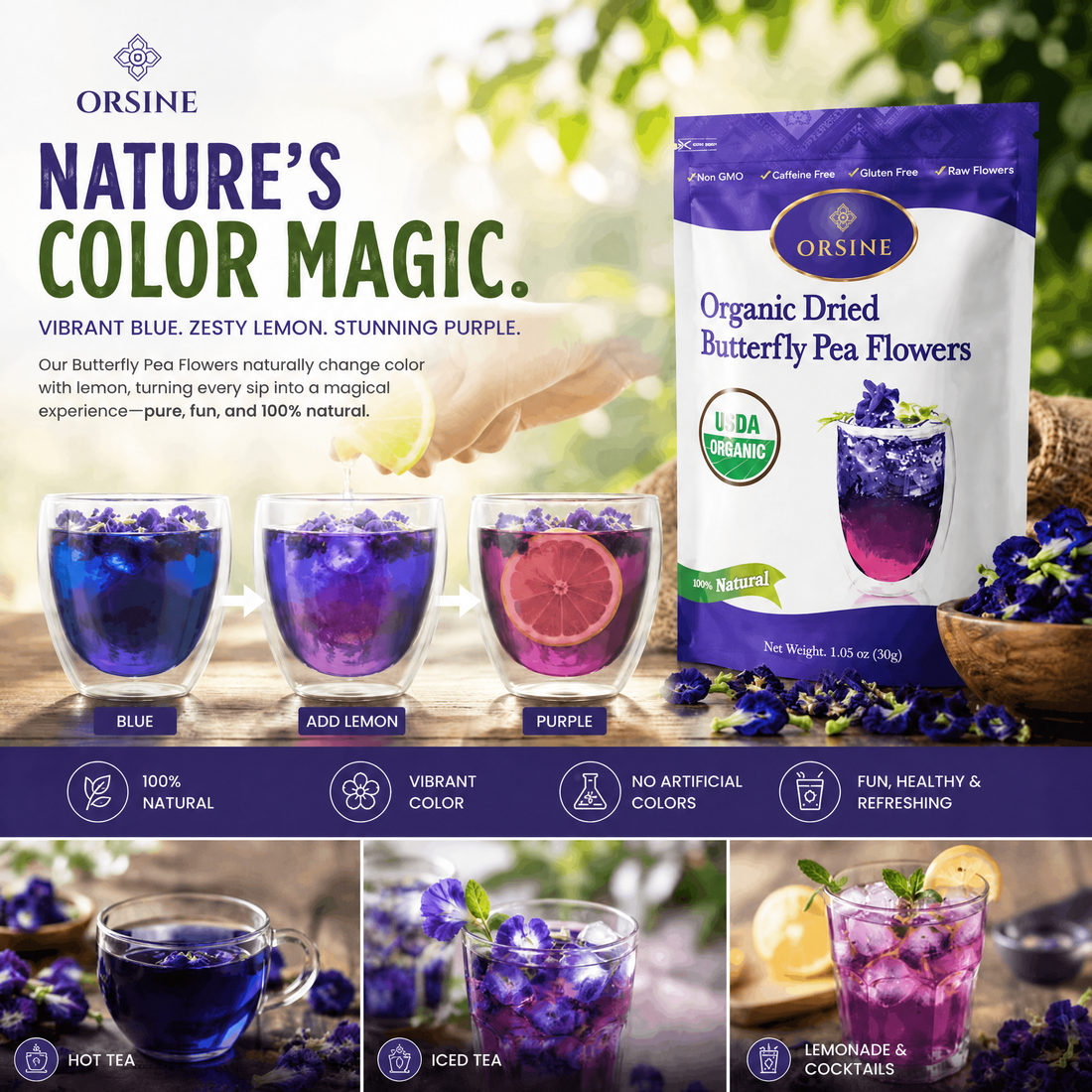 Orsine butterfly pea tea showing blue infusion and its color change with lemon