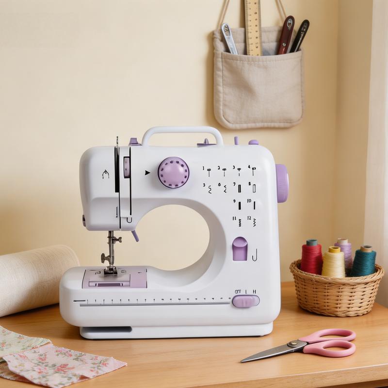 Lilac sewing machine on a home craft table